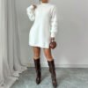 Women's Plush Long Sleeve Mini Dress, Solid Color A-Line Fitted Dress With Faux Fur Trim For Winter Parties - Image 9