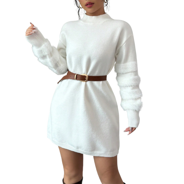 Women's Plush Long Sleeve Mini Dress, Solid Color A-Line Fitted Dress With Faux Fur Trim For Winter Parties