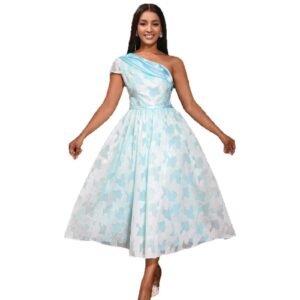 Women's Oblique Shoulder Contrast Color Jacquard Elegant Dress