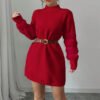 Women's Plush Long Sleeve Mini Dress, Solid Color A-Line Fitted Dress With Faux Fur Trim For Winter Parties - Image 3