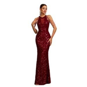 Elegant Sleeveless Round Neck Sequins Slim Sheath Banquet Fishtail