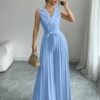 Suit Collar Bow Tie Belted Waist Pleated Jumpsuit - Image 7