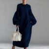 Crew-neck Loose-fit Lantern-sleeve Long Knit Sweater Dress - Image 2