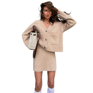 Woolen Skirt Set V-neck Loose Top Coat Mid-waist A-line Short Skirt Two-piece Set