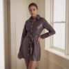 Belted Long-sleeve Leather Trench Fashionable Coat - Image 3