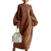 Crew-neck Loose-fit Lantern-sleeve Long Knit Sweater Dress