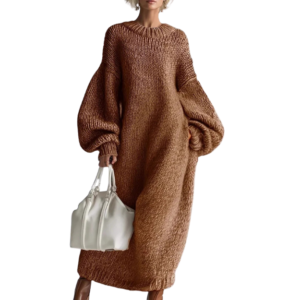 Crew-neck Loose-fit Lantern-sleeve Long Knit Sweater Dress