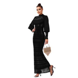 Long Sleeve Round Neck Sequins Slit Evening Dress