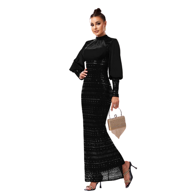 Long Sleeve Round Neck Sequins Slit Evening Dress