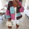 New Colorful Plaid Patchwork Contrast-color Knit Sweater Jacket With Gold Thread - Image 4