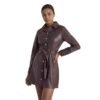 Belted Long-sleeve Leather Trench Fashionable Coat