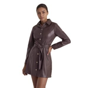 Belted Long-sleeve Leather Trench Fashionable Coat