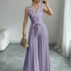 Suit Collar Bow Tie Belted Waist Pleated Jumpsuit - Image 9