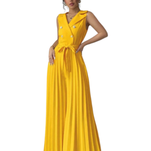 Suit Collar Bow Tie Belted Waist Pleated Jumpsuit