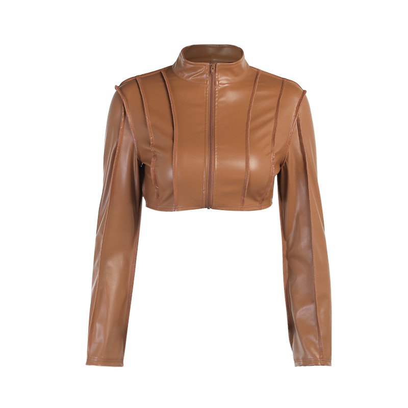 Autumn And Winter Long-sleeved Ultra-short Zipper Leather Jacket
