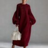 Crew-neck Loose-fit Lantern-sleeve Long Knit Sweater Dress - Image 7