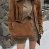Suede And Cowhide Fashionable Crossbody Handbag In Brown And Coffee Colors - Image 2