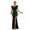 Round Neck Beads Banquet Sequined Slit Evening Dress