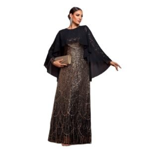 Elegant Long Sleeve Round Neck Shawl Banquet Sequined A- Line