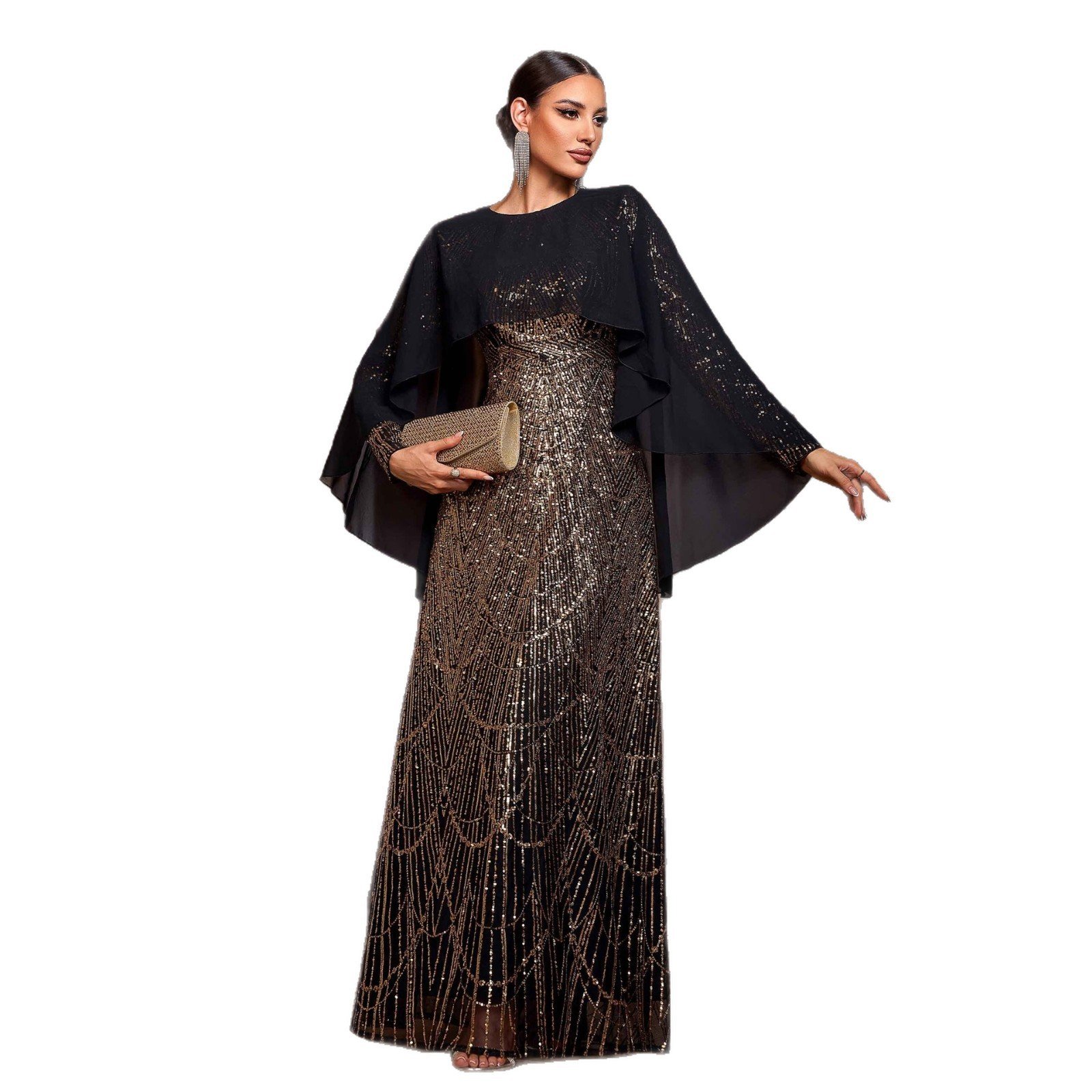 Elegant Long Sleeve Round Neck Shawl Banquet Sequined A- Line