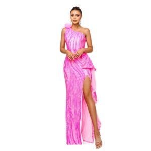 One-shoulder Diagonal Collar Sequined Slit