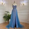 Blue Handmade Beaded Split Shoulder Fishtail Dress - Image 6
