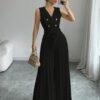 Suit Collar Bow Tie Belted Waist Pleated Jumpsuit - Image 2