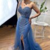 Blue Handmade Beaded Split Shoulder Fishtail Dress - Image 3