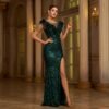 Round Neck Beads Banquet Sequined Slit Evening Dress - Image 2