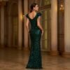 Round Neck Beads Banquet Sequined Slit Evening Dress - Image 4