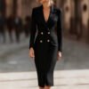 Form-fitting Double-breasted Workwear Suit Dress With A Slit - Image 3