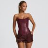 PU Leather Fishbone-Strap Corset Sleeveless Top - Image 4