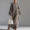 Crew-neck Loose-fit Lantern-sleeve Long Knit Sweater Dress - Image 5